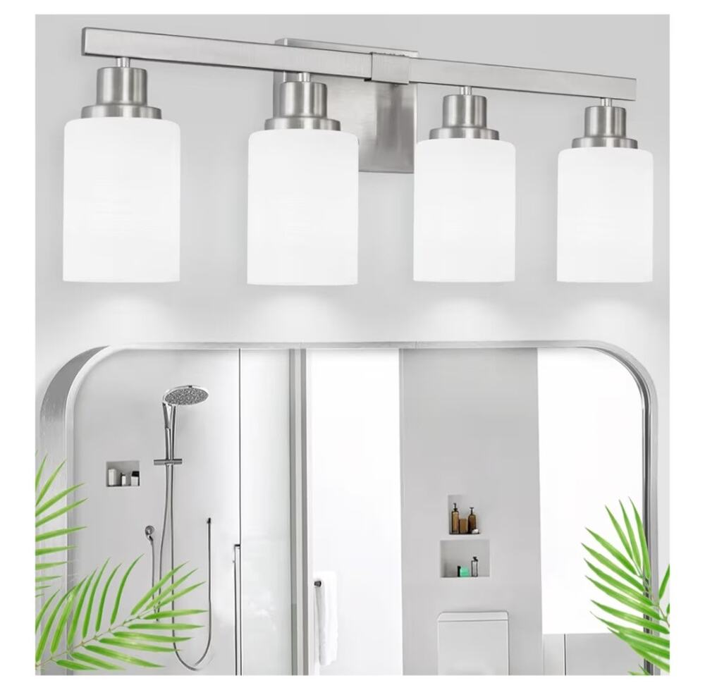 DIKAIDA 4-Light Brushed Nickel Bathroom Vanity Light w/ White Glass